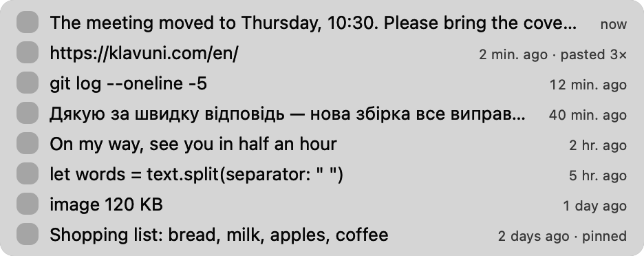 Klavuni’s menu rows: eight made-up clips, with how long ago each was copied on the right.