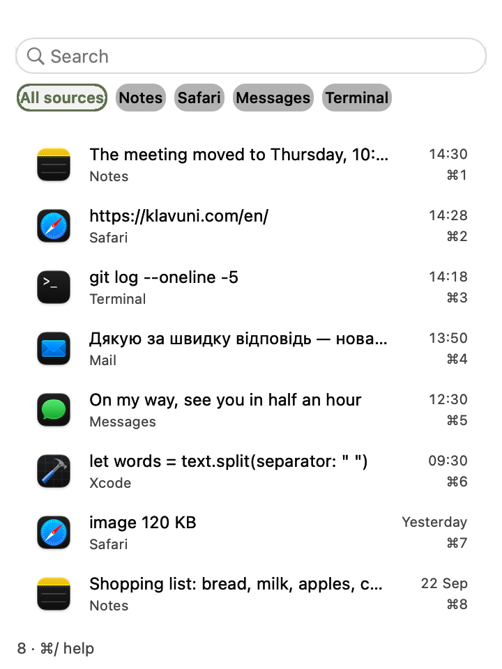 The Klavuni clipboard panel: search, source-app filters and eight clips with made-up text.