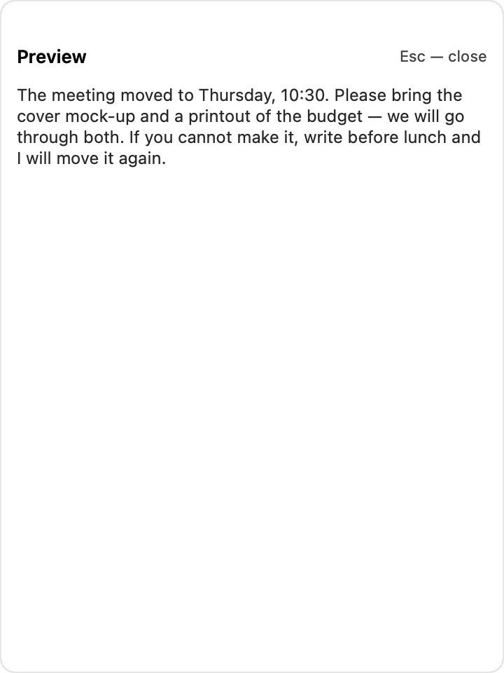 A clip previewed over the panel: the full text of a made-up message.