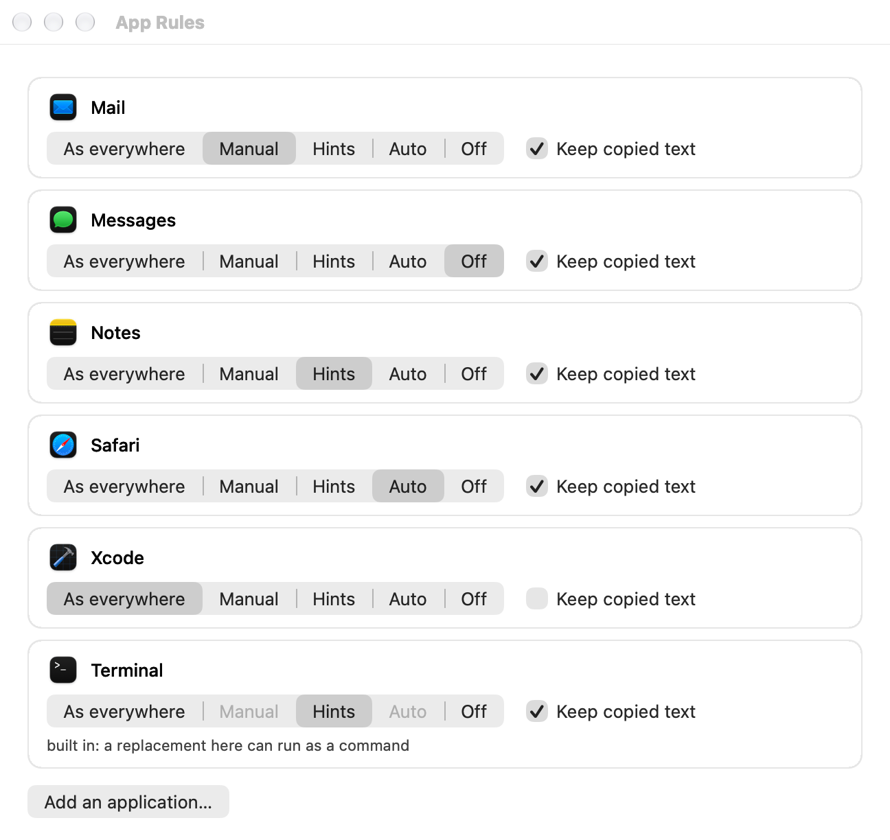 The App Rules window: six apps, each with five modes and “Keep copied text”.