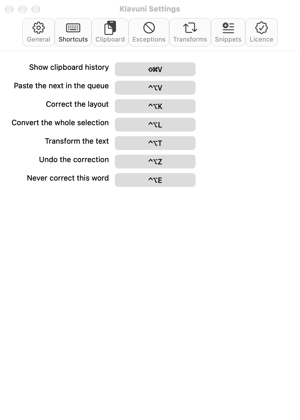 The Shortcuts tab in Klavuni’s settings: actions and their keyboard shortcuts.